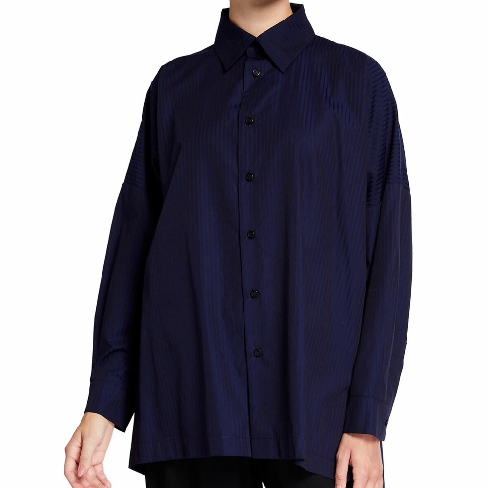Eskandar Size(1) NAVY SELF STRIPE Cotton 30" Long Classic Collar Shirt